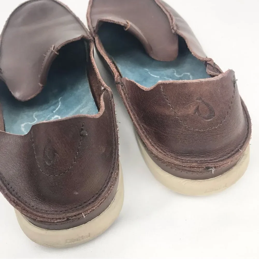 OluKai NALUKAI Brown Leather Slip On Casual Loafers